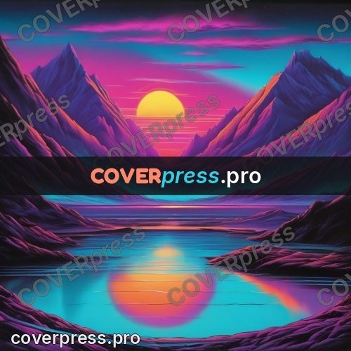 80s retro illustration: mountain lake with a sun