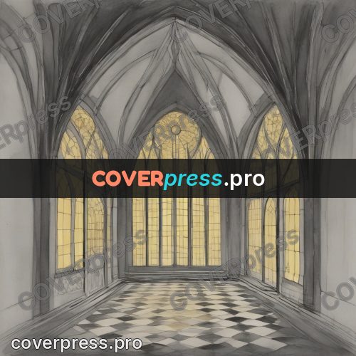 Tim Burton style drawing: vaulted hall with tall windows