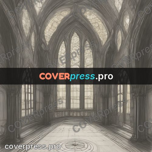 Tim Burton style drawing: vaulted hall with tall windows