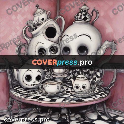 Tim Burton style drawing: doll tea party with teapots
