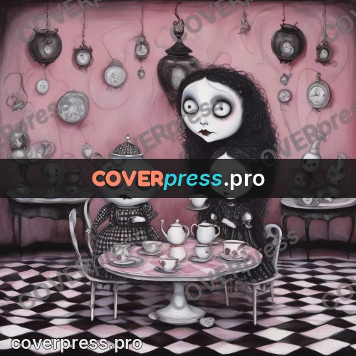 Tim Burton style drawing: doll tea party with teapots