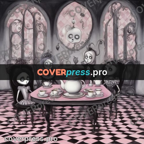 Tim Burton style drawing: doll tea party with teapots