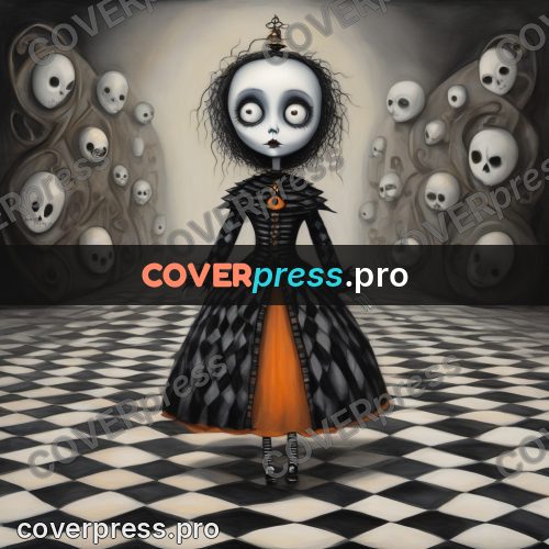Tim Burton style drawing: doll figure with huge eyes