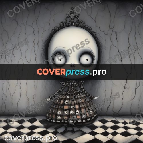 Tim Burton style drawing: doll figure with huge eyes