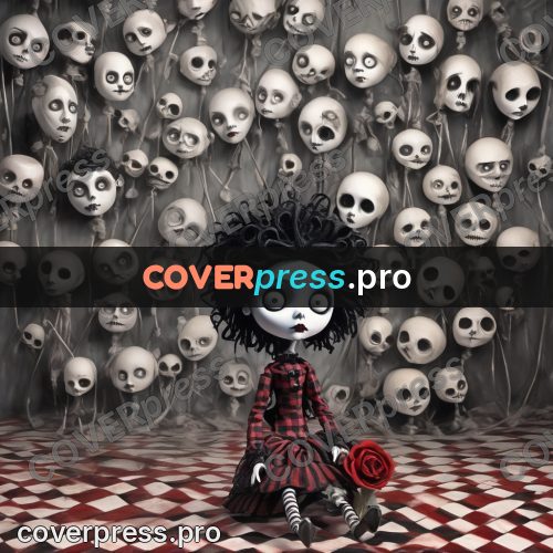 Tim Burton style drawing: girl among doll heads