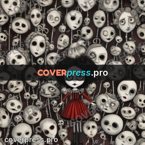 Tim Burton style drawing: girl among doll heads