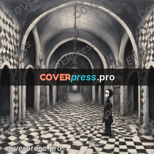 Tim Burton style drawing: vaulted hall with skulls