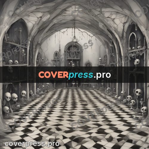 Tim Burton style drawing: vaulted hall with skulls