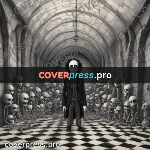 Tim Burton style drawing: vaulted hall with skulls