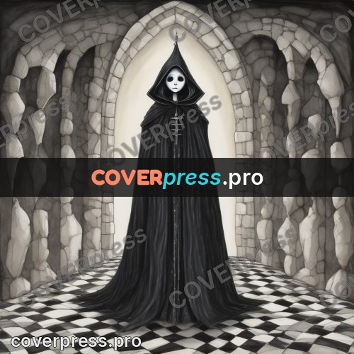 Tim Burton style drawing: hooded figure in a cloak