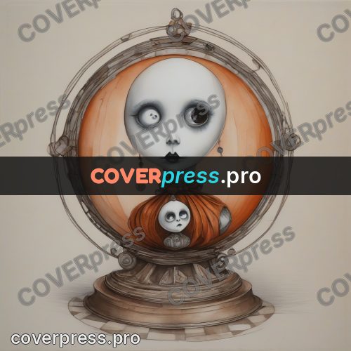 Tim Burton style drawing: doll head in a glass ball