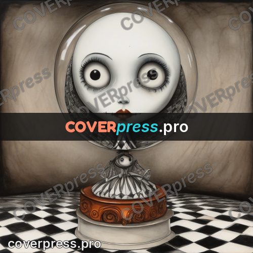 Tim Burton style drawing: doll head in a glass ball