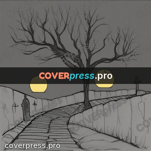 Tim Burton style drawing: cemetery path under the moon