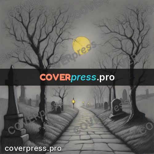 Tim Burton style drawing: cemetery path under the moon