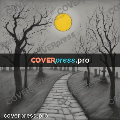 Tim Burton style drawing: cemetery path under the moon
