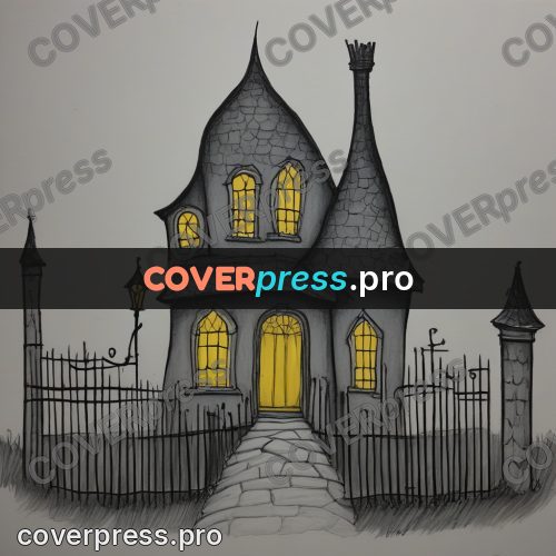 Tim Burton style drawing: crooked house with lit windows