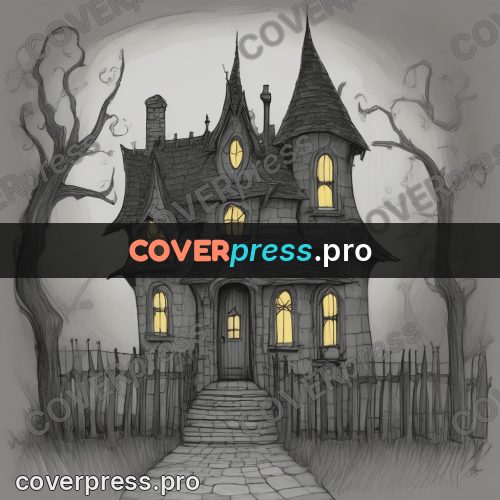 Tim Burton style drawing: crooked house with lit windows
