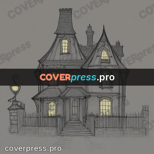 Tim Burton style drawing: crooked house with lit windows