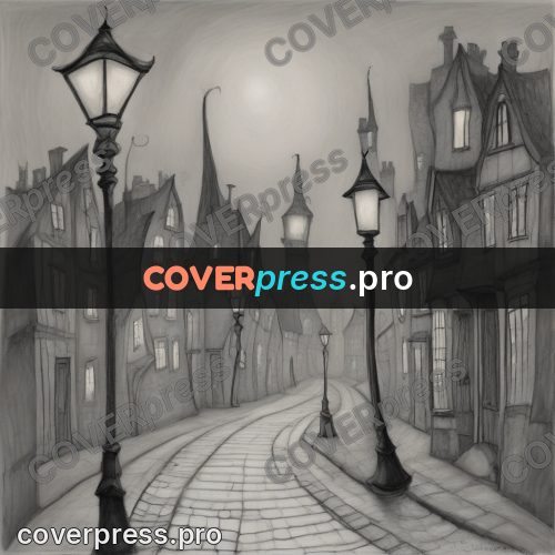 Tim Burton style drawing: crooked street with lamps