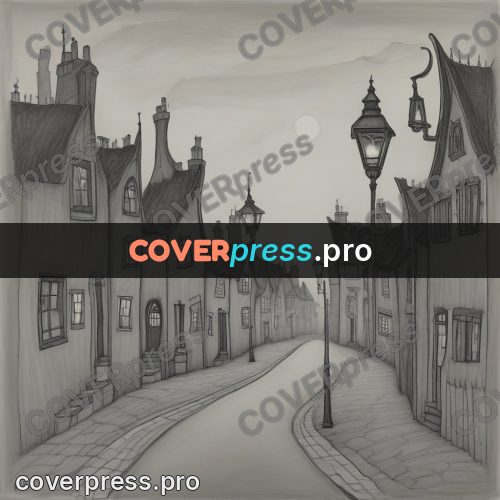 Tim Burton style drawing: crooked street with lamps