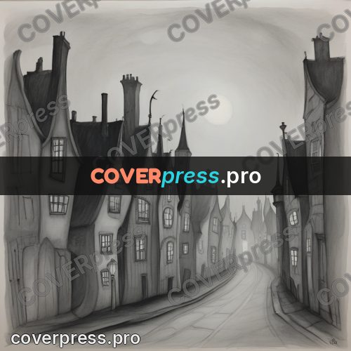 Tim Burton style drawing: crooked street with lamps
