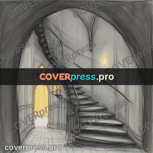 Tim Burton style drawing: curved staircase in a hall