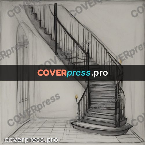 Tim Burton style drawing: curved staircase in a hall