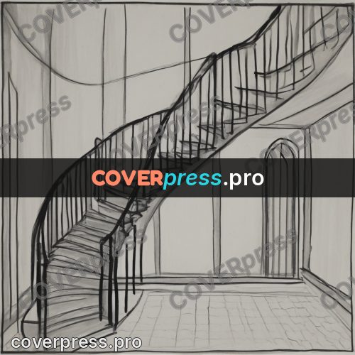 Tim Burton style drawing: curved staircase in a hall