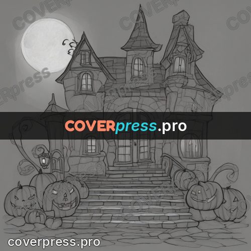 Tim Burton style drawing: house with pumpkins at the steps
