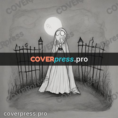 Tim Burton style drawing: figure in white by a fence