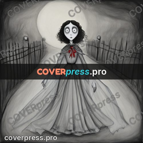 Tim Burton style drawing: figure in white by a fence