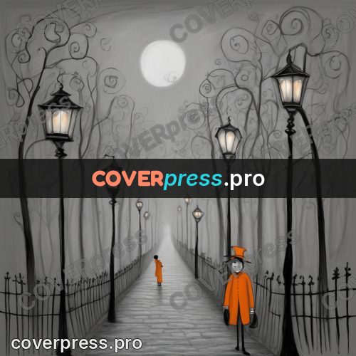 Tim Burton style drawing: figures under park lamps