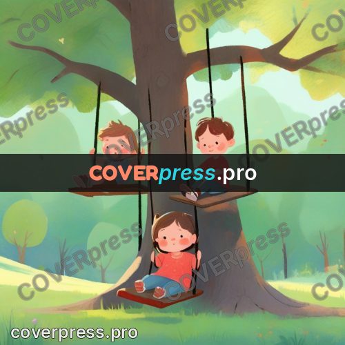Storybook drawing: friends on a wooden swing