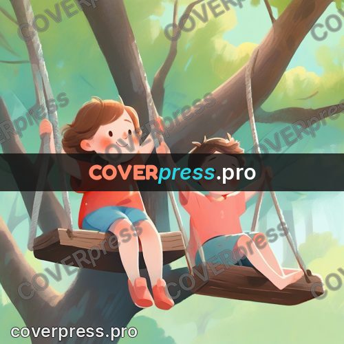 Storybook drawing: friends on a wooden swing