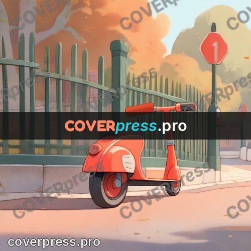 Storybook drawing: red scooter by a fence