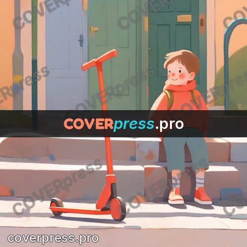 Storybook drawing: red scooter by a fence