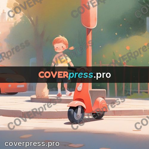 Storybook drawing: red scooter by a fence