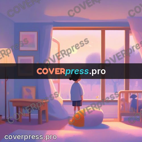Storybook drawing: child at a window at sunset