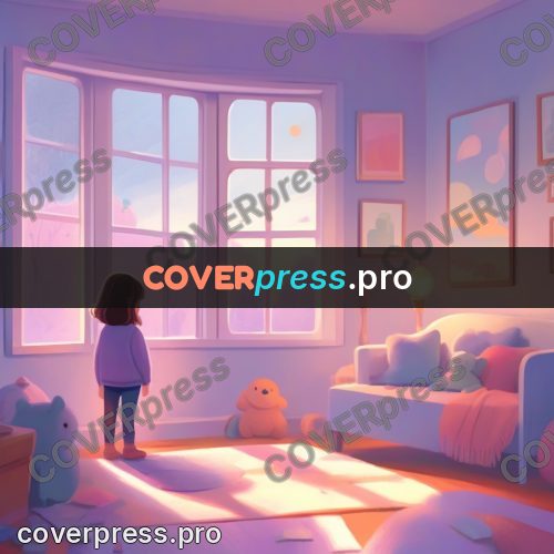 Storybook drawing: child at a window at sunset