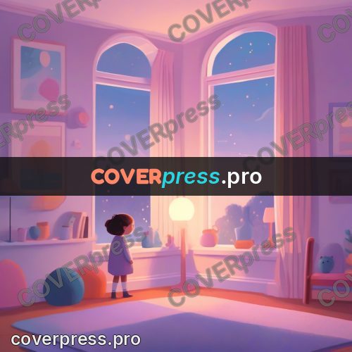 Storybook drawing: child at a window at sunset