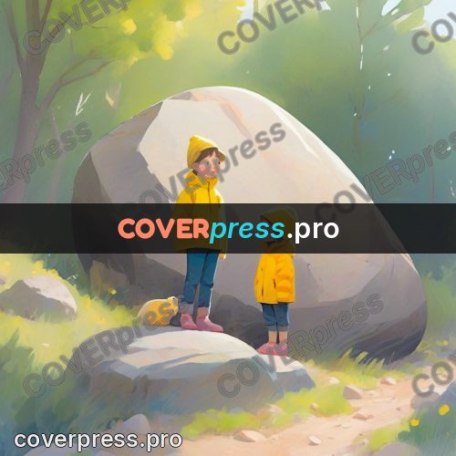 Storybook drawing: friends in yellow by a boulder