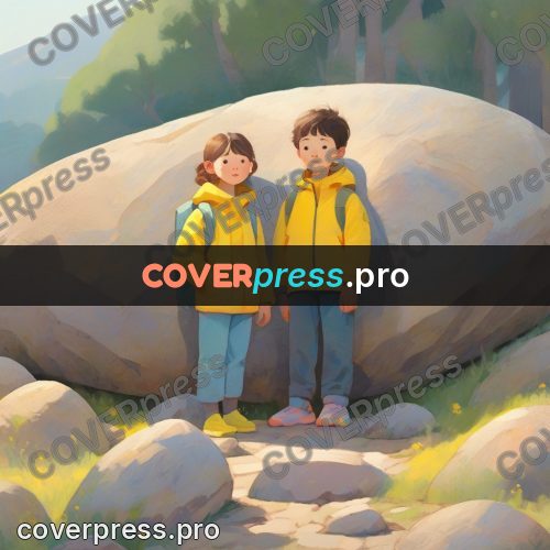 Storybook drawing: friends in yellow by a boulder