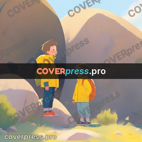 Storybook drawing: friends in yellow by a boulder