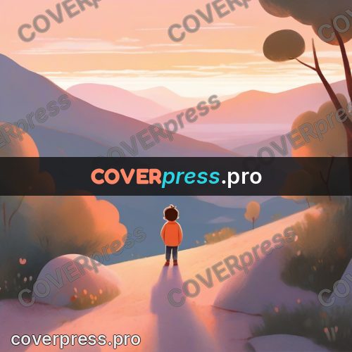 Storybook drawing: child on a hill at sunset
