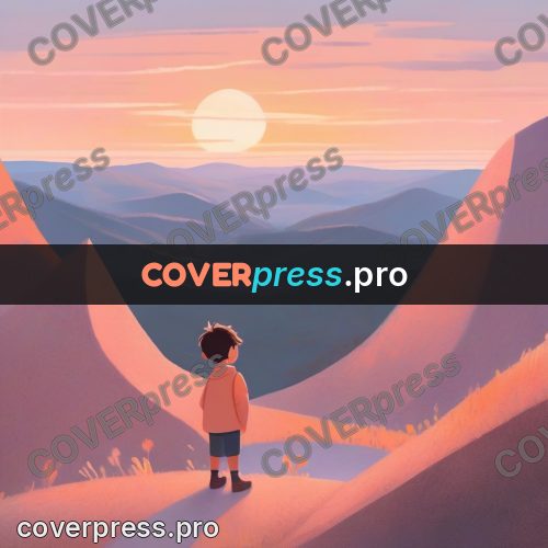 Storybook drawing: child on a hill at sunset