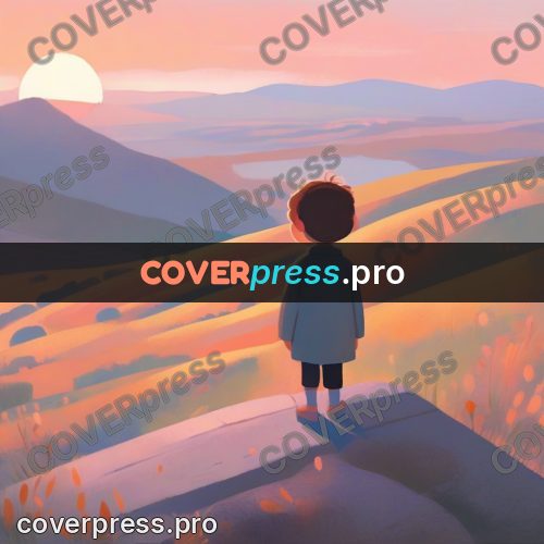 Storybook drawing: child on a hill at sunset