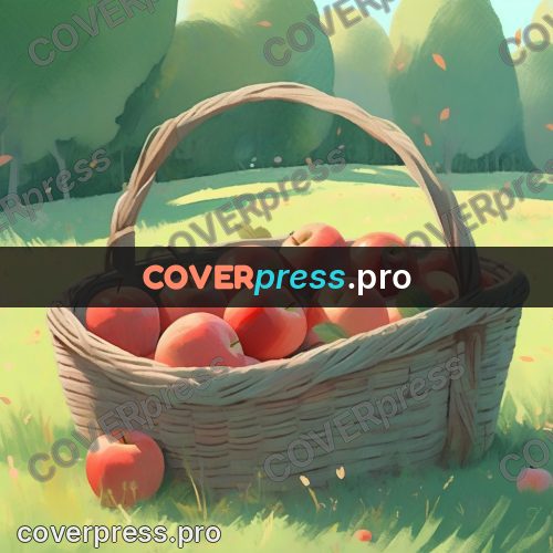 Storybook drawing: basket of apples in grass
