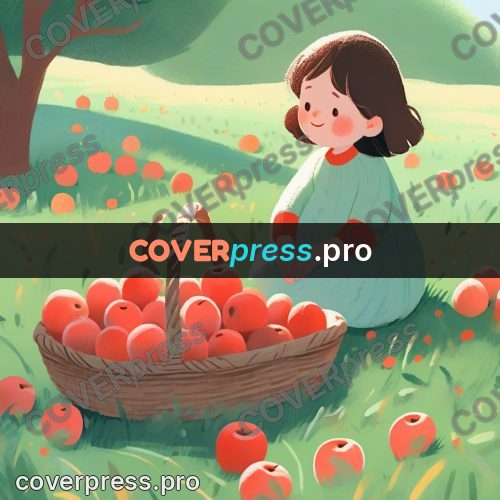 Storybook drawing: basket of apples in grass