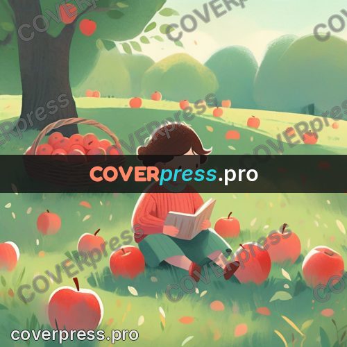 Storybook drawing: basket of apples in grass