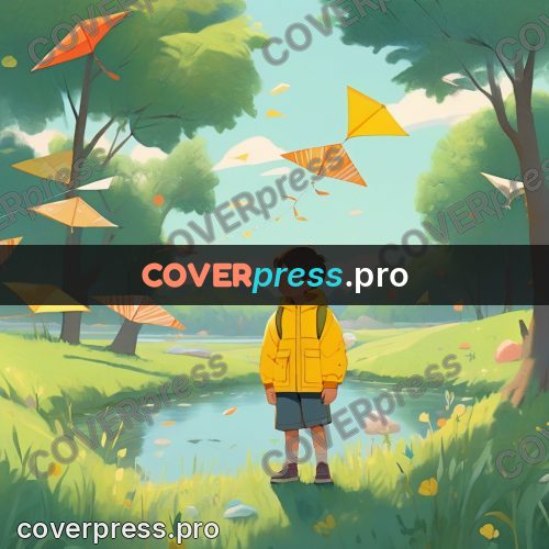 Storybook drawing: boy by a river with kites